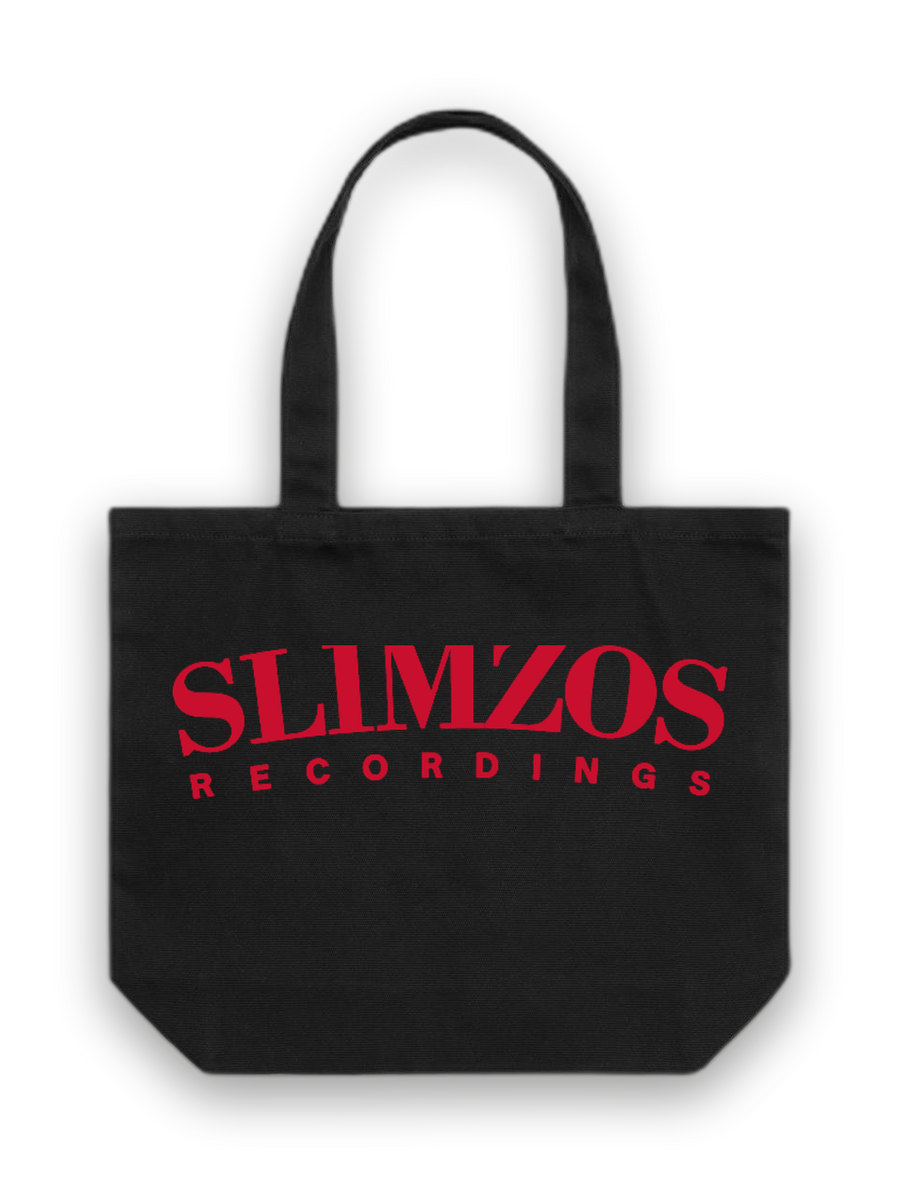 Slimzos Recordings tote, black with red print