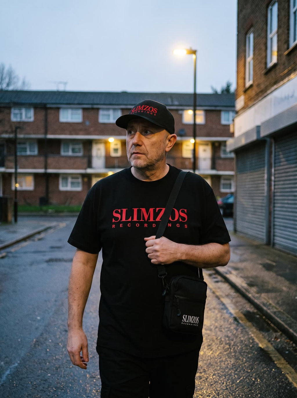Slimzee wearing the Slimzos USB Satchel on the street