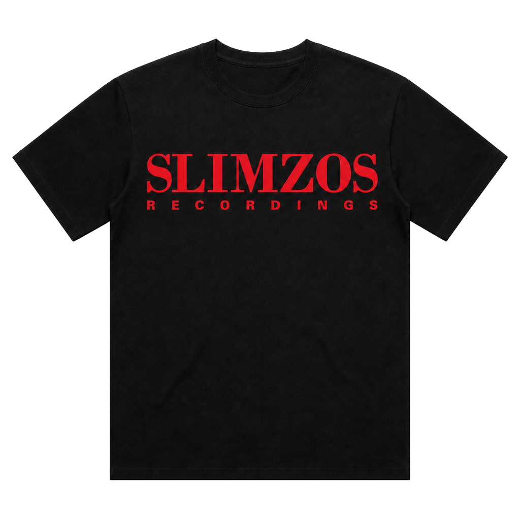 Slimzos tee, black with red print