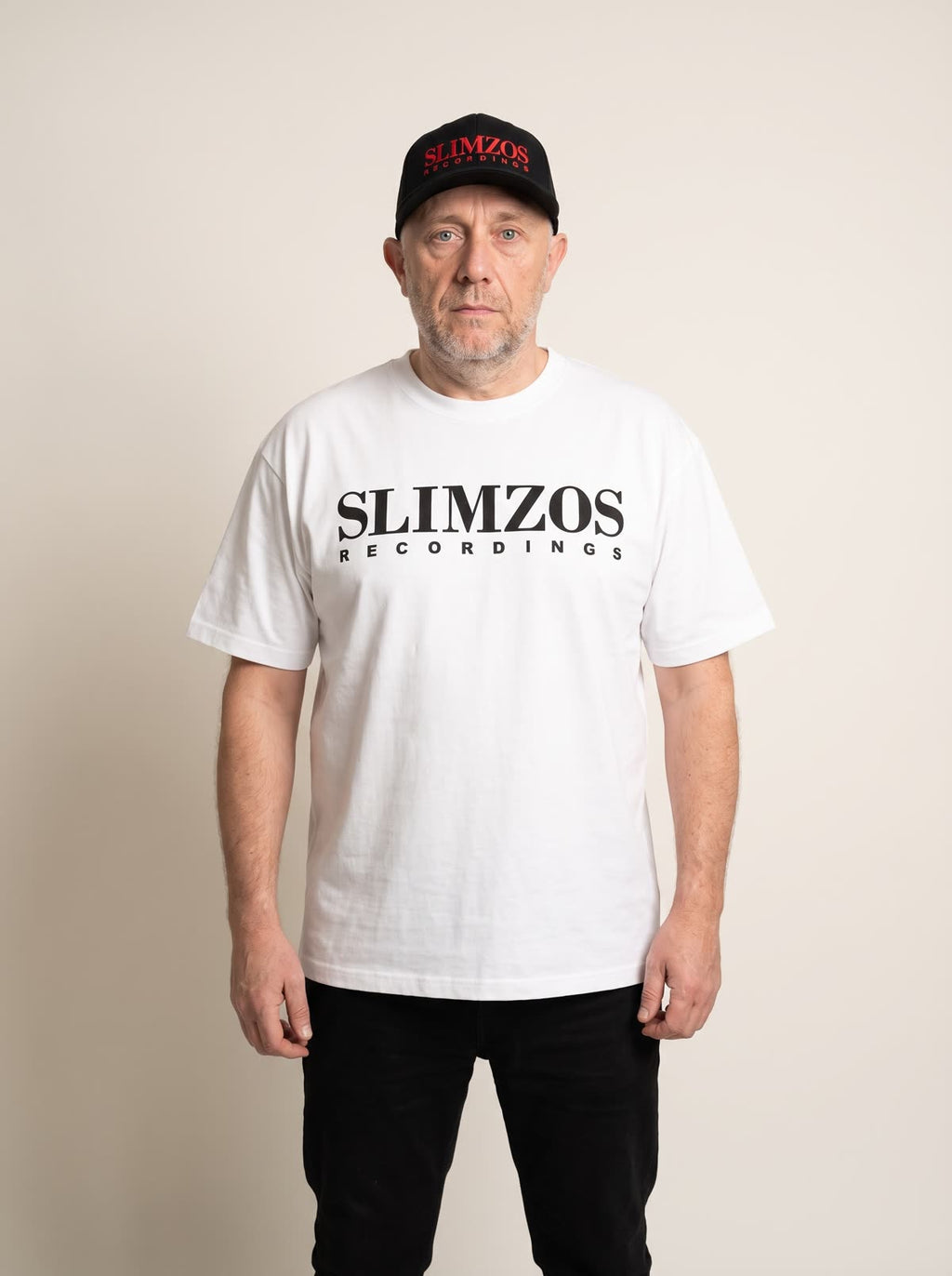 Slimzee wearing the white/black Slimzos tee